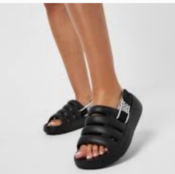 UGG Sport Yeah Sandals 9 Black Slides logo Print Backstrap - Picture 10 of 11